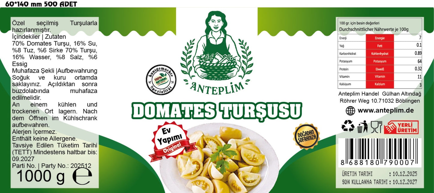 Hausgemachte Eingelegte Tomaten (Domates Turşusu) 1 kg im Glas – 100 % Natürlich & Authentisch | Anteplim