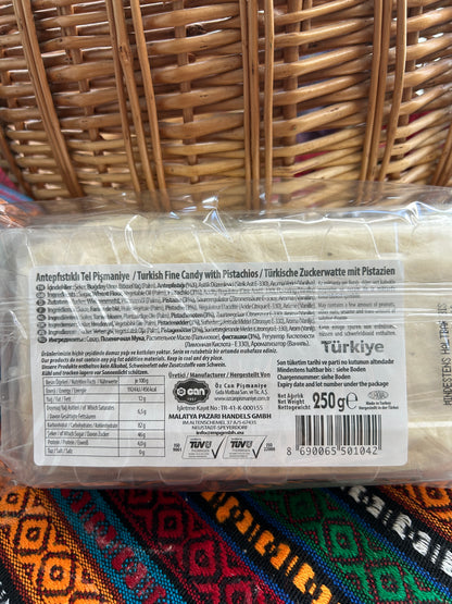 Back of the Can pistachio Pişmaniye package showing ingredients and nutritional information