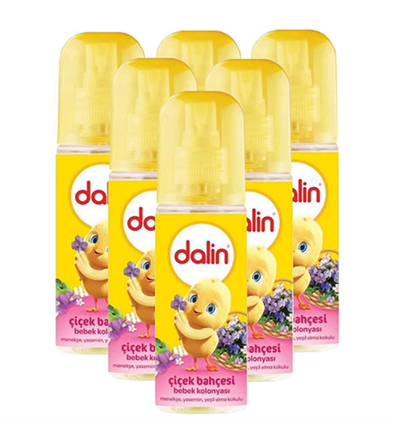 Six Dalin Flower Garden Baby Cologne bottles with yellow-pink labels and spray caps
