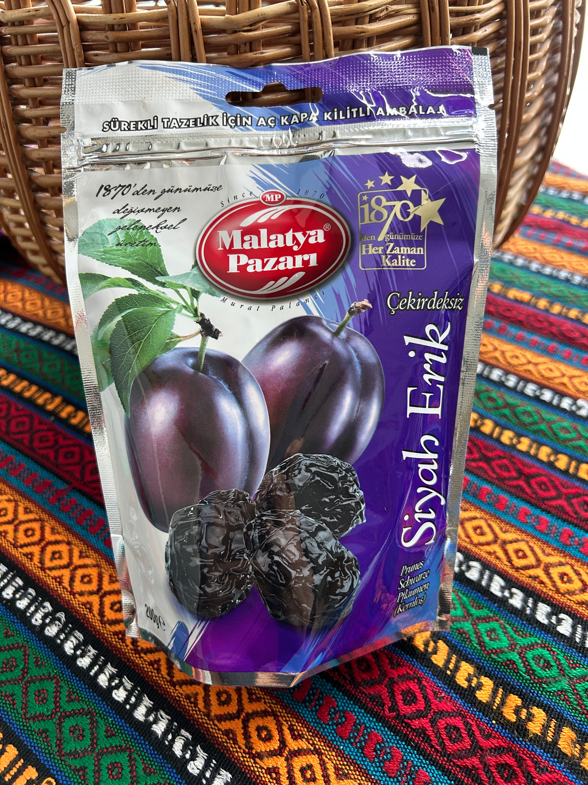 Malatya Pazarı dried pitted black plums 200 g in purple packaging