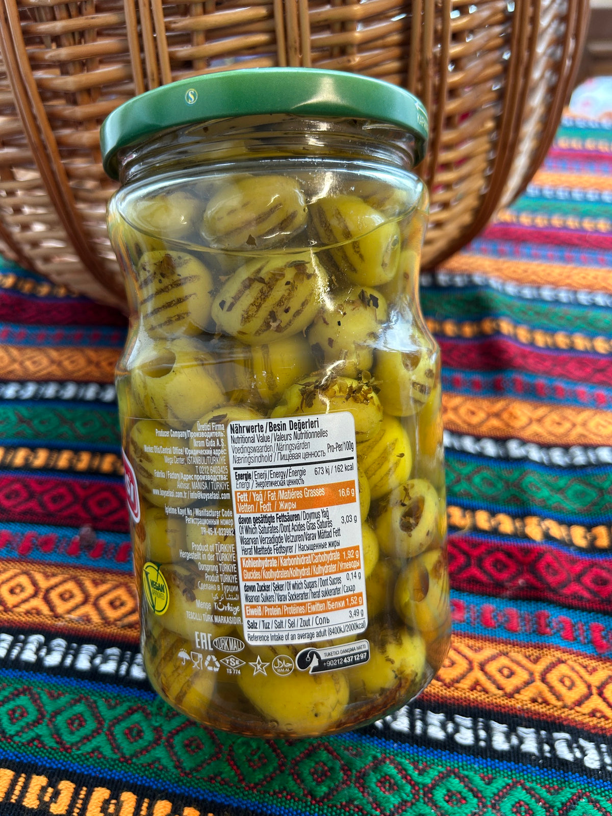 Köy Sefası grilled green olives jar showing the nutrition information panel on the back