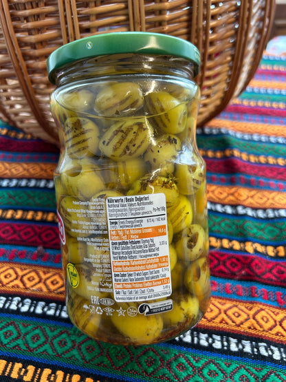 Köy Sefası grilled green olives jar showing the nutrition information panel on the back