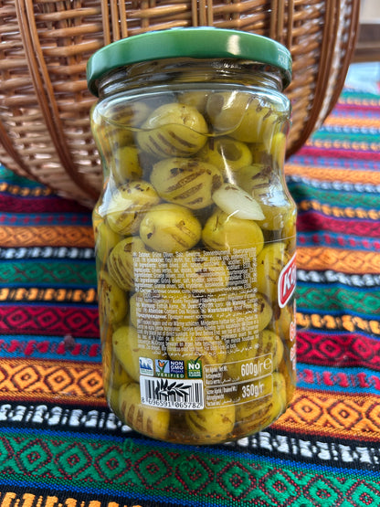 Köy Sefası grilled green olives jar showing ingredients, 600 g net weight and 350 g drained weight