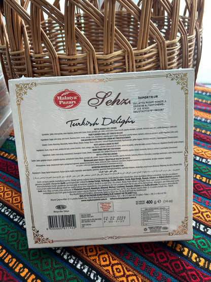 Back of the Malatya Pazarı 400 g Turkish Delight box with ingredients, nutrition information and barcode