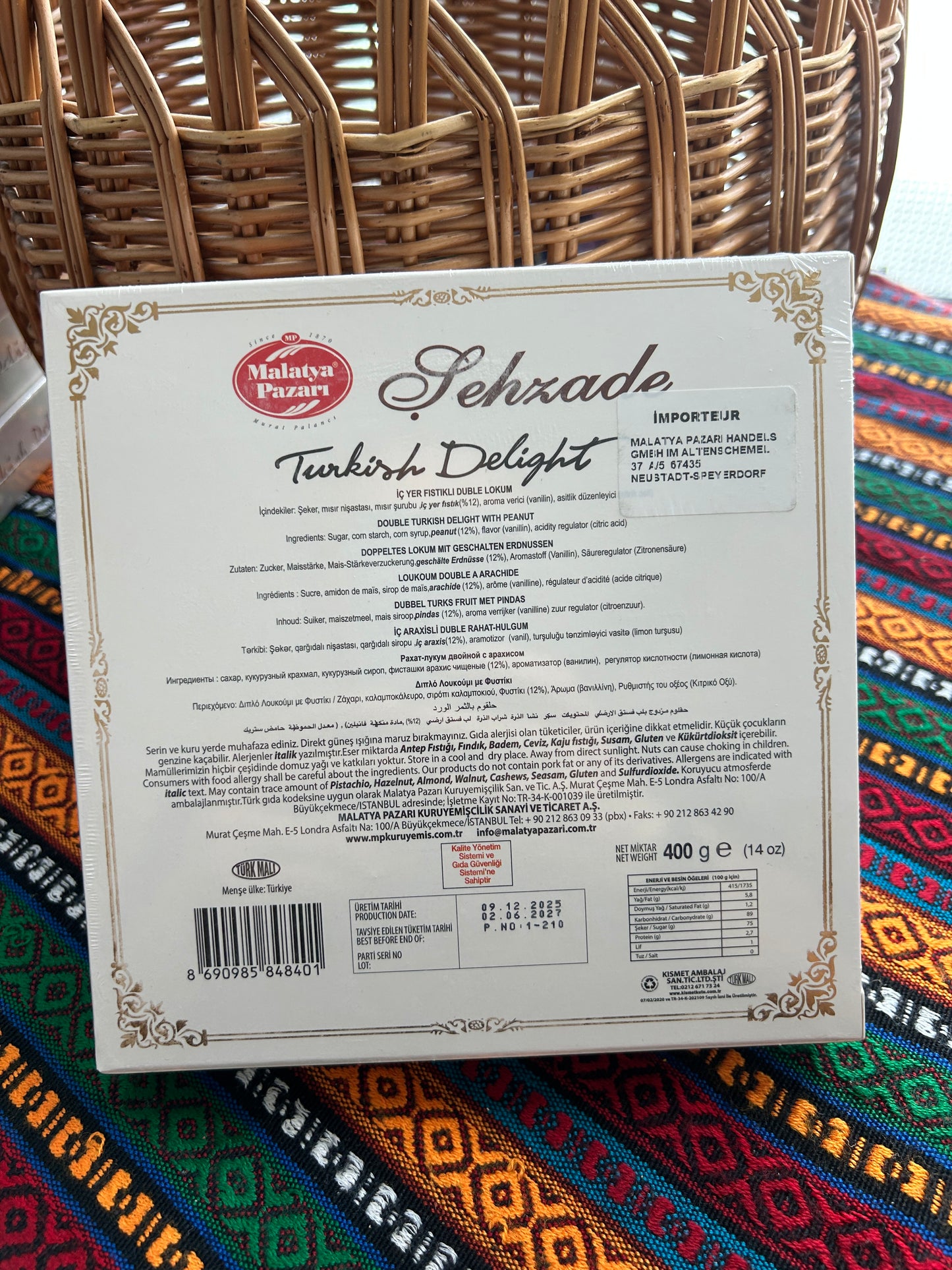 Back of the Malatya Pazarı 400 g Turkish Delight box showing ingredients, nutrition information and barcode