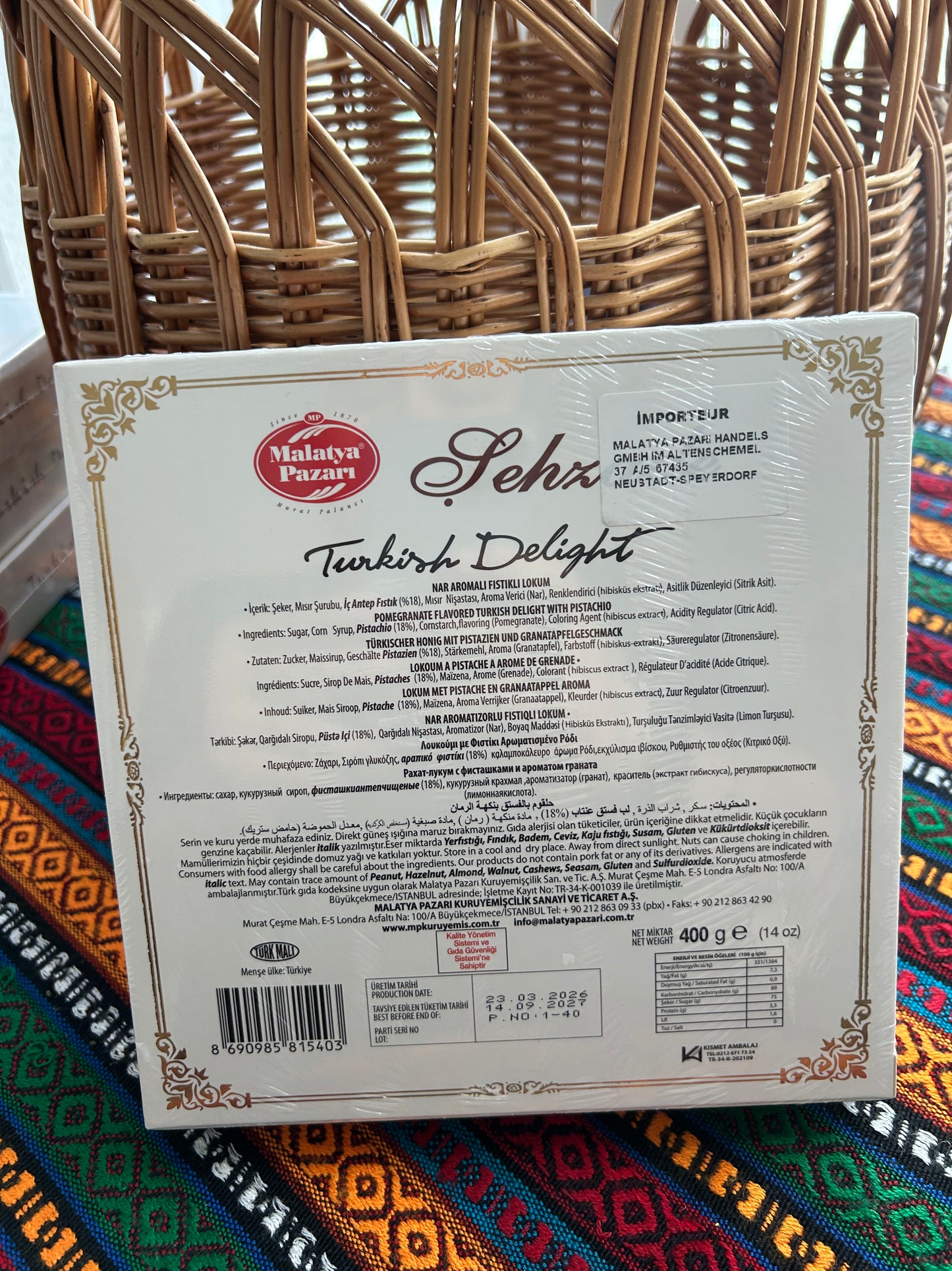 Back of the Malatya Pazarı 400 g Turkish Delight box with ingredients, nutrition information and barcode