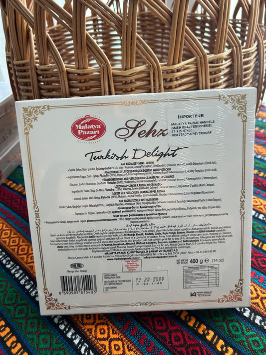 Back of the Malatya Pazarı 400 g Turkish Delight box with ingredients, nutrition information and barcode