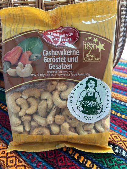 Malatya Pazarı roasted salted cashews 180 g in yellow packaging