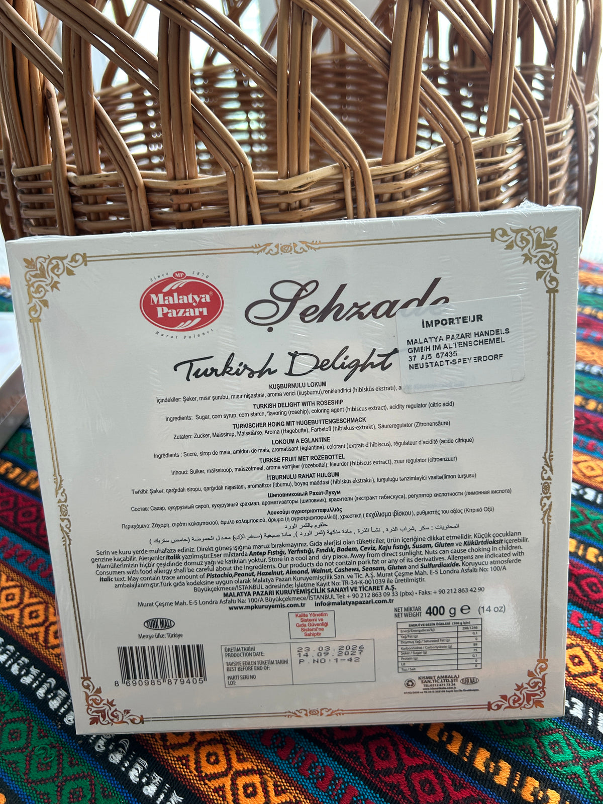 Back of the Malatya Pazarı 400 g Turkish Delight box with ingredients, nutrition information and barcode