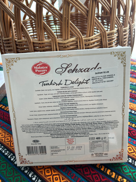 Back of the Malatya Pazarı 400 g Turkish Delight box with ingredients, nutrition information and barcode