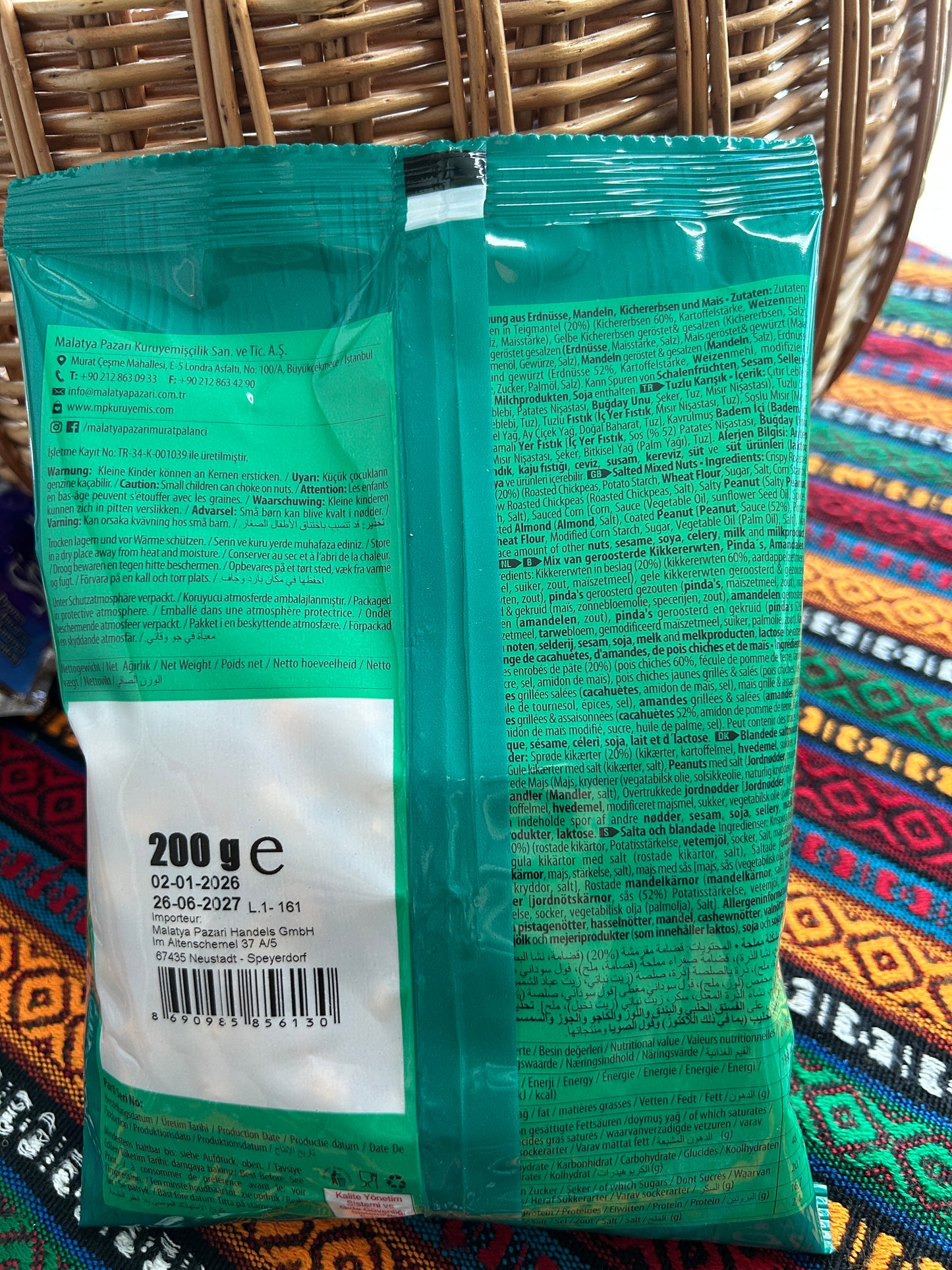 Back of the mixed snack package showing ingredients, allergens and product information