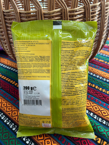 Back of the sesame-coated peanut package showing ingredients and allergen information