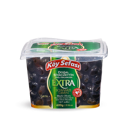 Köy Sefası Extra Natural Black Sele Olives in Oil Brine 600 g plastic tub