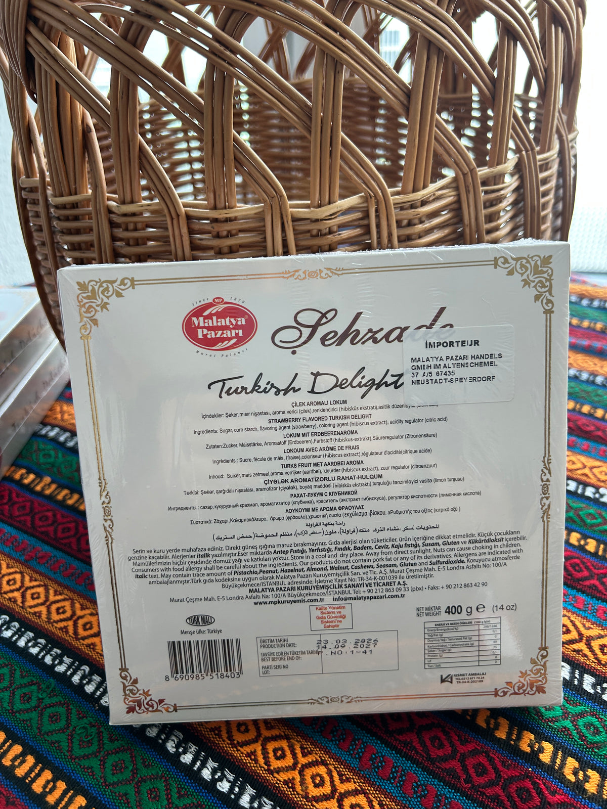 Back of the Malatya Pazarı 400 g Turkish Delight box with ingredients, nutrition information and barcode