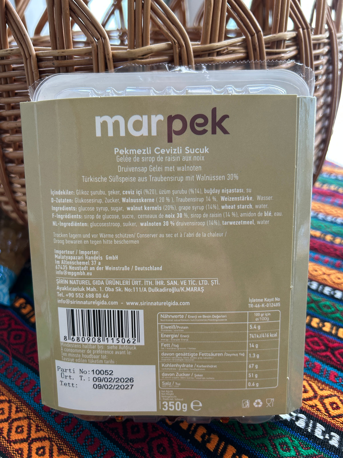 Back of the Marpek Gold walnut roll package showing ingredients and nutrition