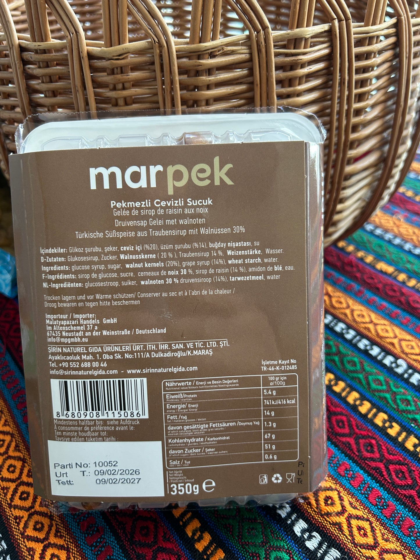 Back of the Marpek walnut bites package showing ingredients and nutritional information